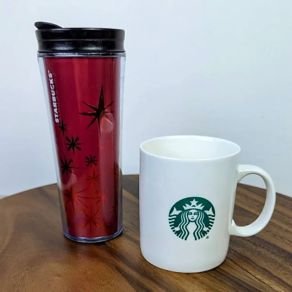 Starbucks 2011 Red and Black Travel Mug & White Regular Mug 12oz